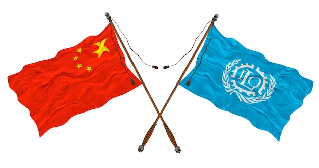 Nationale vlag van ILO en China Achtergrond voor ontwerpers