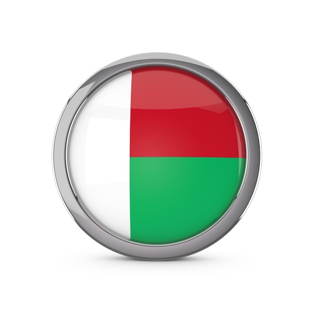Nationale vlag van Madagaskar in een glanzende cirkelvorm met chromen frame 3D-rendering