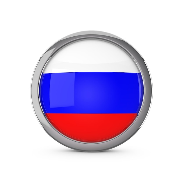 Foto nationale vlag van rusland in de vorm van een glanzende cirkel met chromen frame 3d-rendering