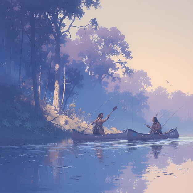 Photo native american canoeing on river