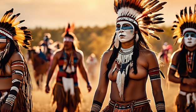 A Native American ceremony with dancers in traditional masks