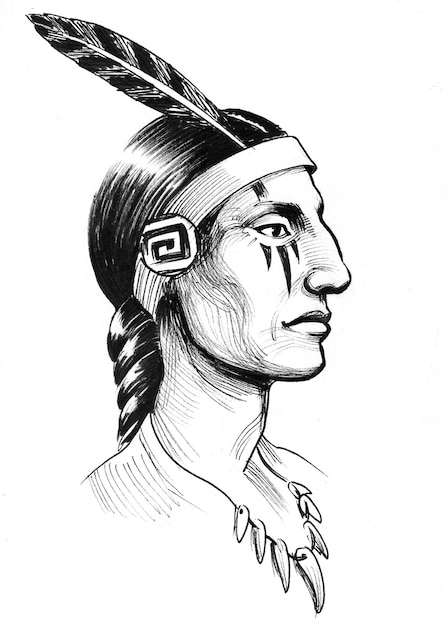 Native American chief. Ink black and white drawing