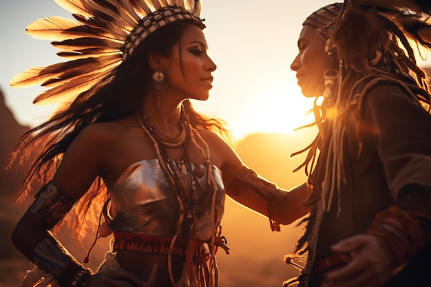 native american couple wearing native dress dancing in front of sunset bokeh style background