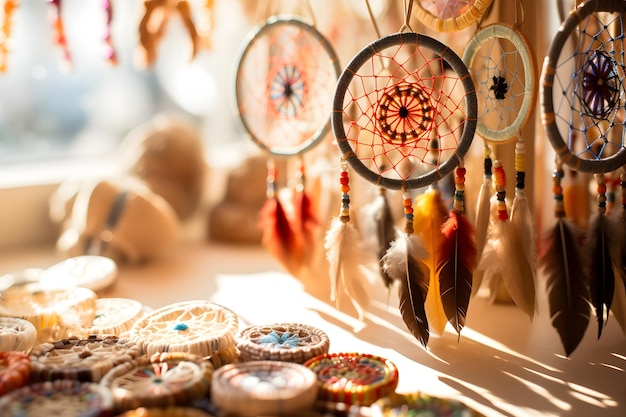 Native American crafts including beadwork and dreamcatchers