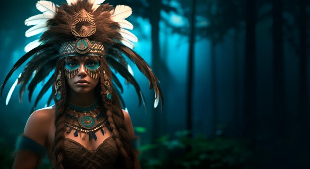 Photo native american girl in traditional clothing of a chief or priestess night in a mysterious forest