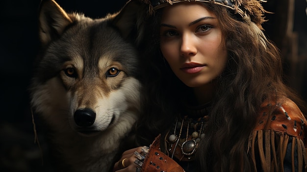 Native American girl with Wolf headdress beautifully made with Generative AI