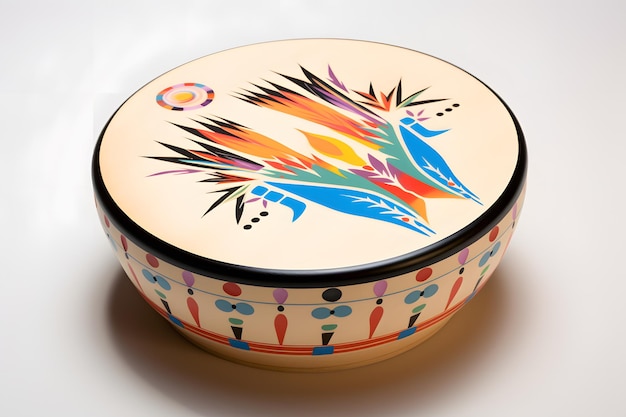 A Native American hand drum with colorful designs representing the heartbeat of the community