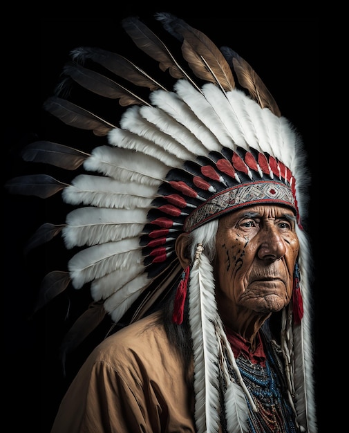 Фото Индеец-апачи с головным убором из перьев, коренной старик