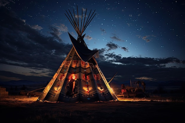 Native American Indian teepee 's nachts 3D-rendering Native American Indian teepee 's nachts met sterrenhemel AI gegenereerd
