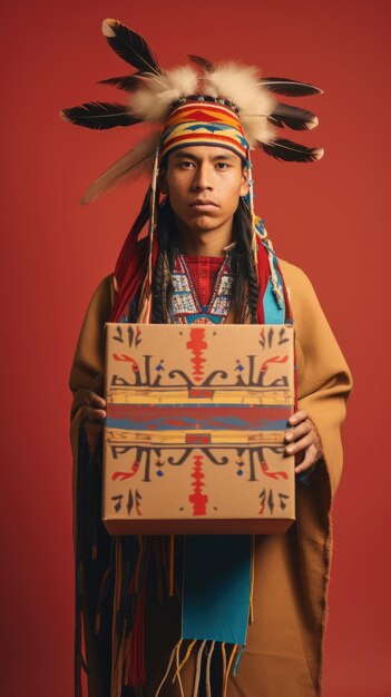 Native American man holding a box