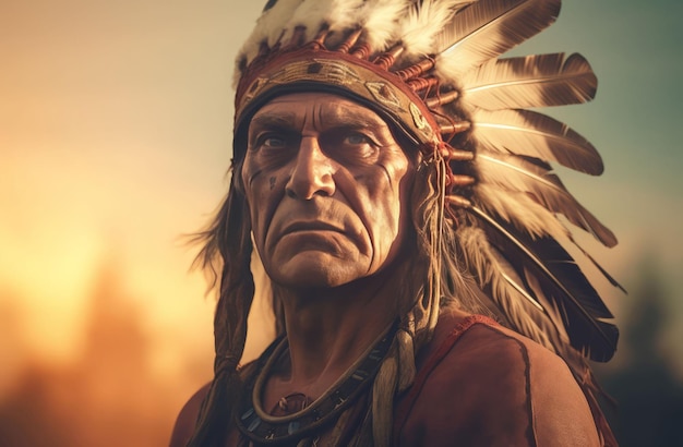 Native american man at sunset Suit tribe Generate Ai