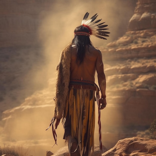 A native american man walks through a canyon with the sky in the background.