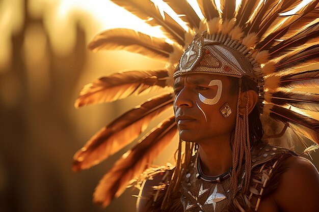 Photo native american man wearing native dress in front of sunset bokeh style background