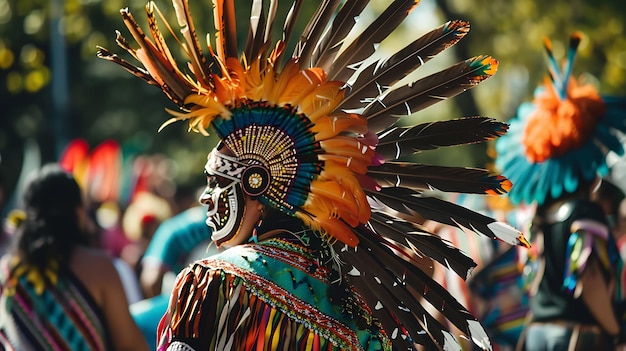 Photo a native american man wearing a traditional headdress and face paint he is standing in a crowd of people and his face is turned to the side
