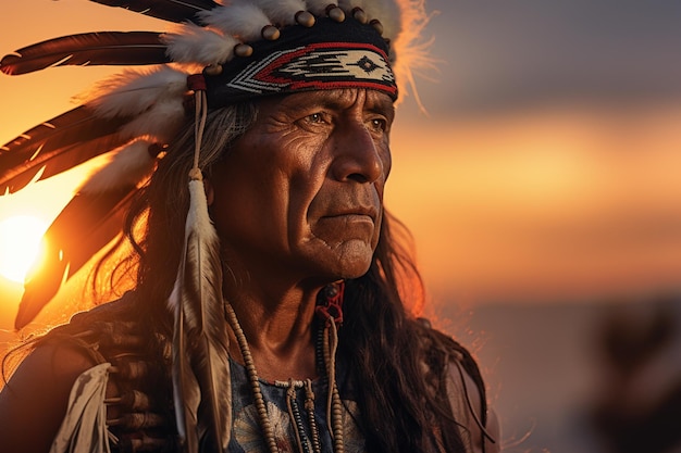 Photo native american old man wearing native dress in front of sunset bokeh style background