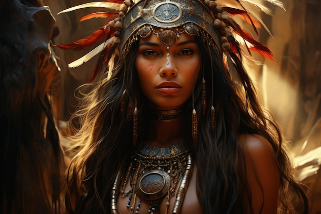 Native American Princess with Headdress Art Generative AI