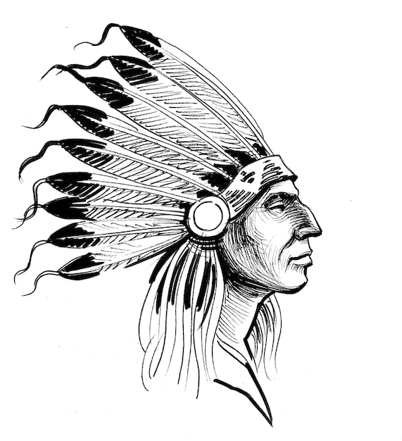 Native American warrior. Ink black and white drawing