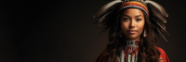 Native American woman in festive regalia isolated on a gradient background