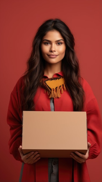 Native american woman holding a box