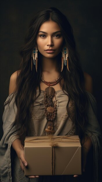 Native American woman holding a box