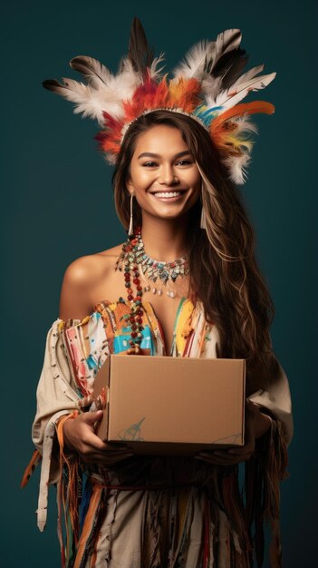 Native American woman holding a box