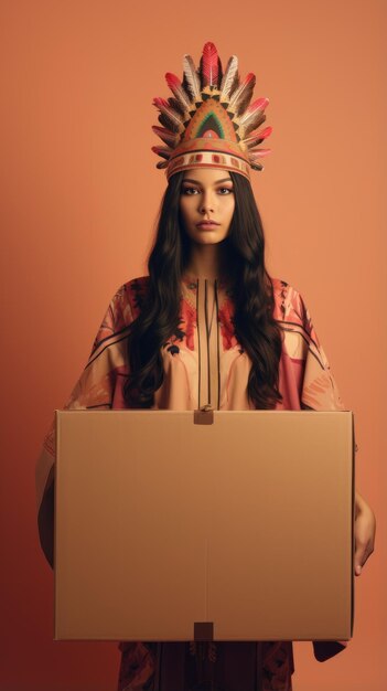 Native american woman holding a box