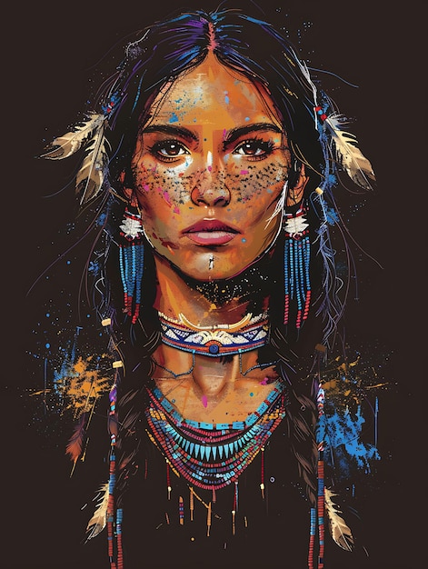 Портрет коренной американской женщины в платье из кожи быка с рубашкой дизайн искусства татуировки чернил рамы