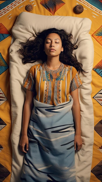 Native American woman sleeping smiling on the mattress