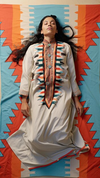 Foto donna nativa americana che dorme sorridendo sul materasso