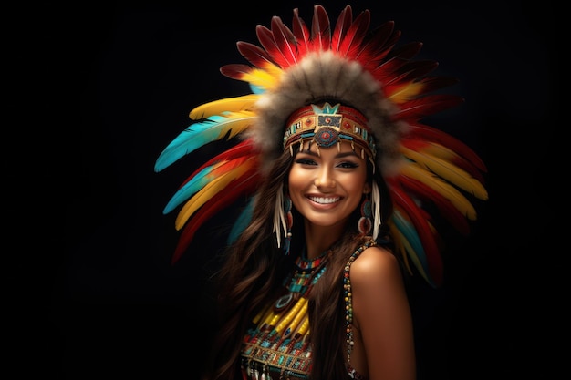 Native american woman smiling wearing indian headdress with feathers