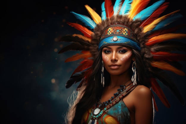 Native american woman smiling wearing indian headdress with feathers