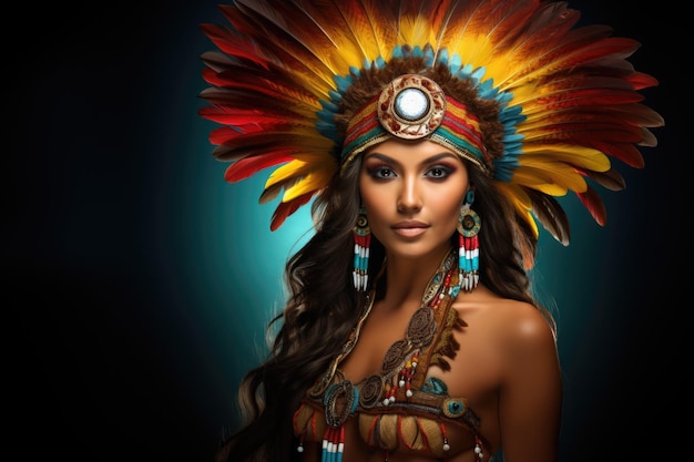 Native american woman smiling wearing indian headdress with feathers