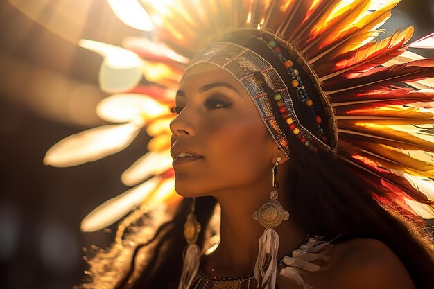 Photo native american woman wearing native dress in front of sunset bokeh style background