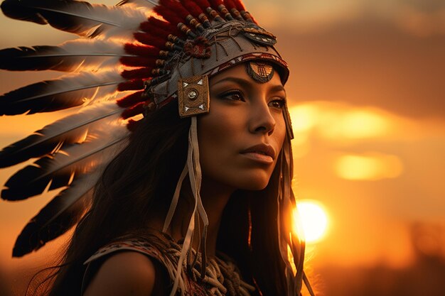 Photo native american woman wearing native dress in front of sunset bokeh style background