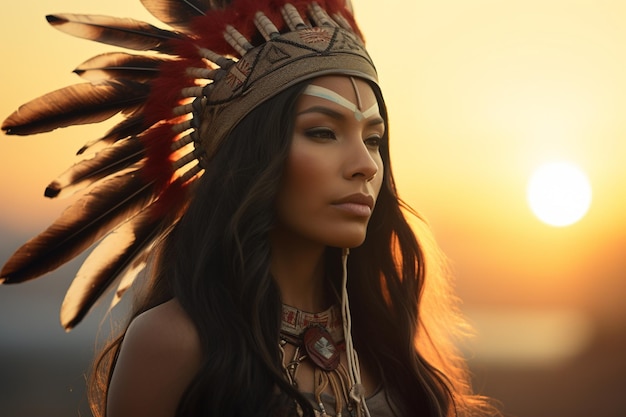 Photo native american woman wearing native dress in front of sunset bokeh style background