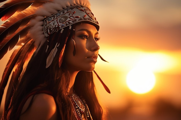 Photo native american woman wearing native dress in front of sunset bokeh style background