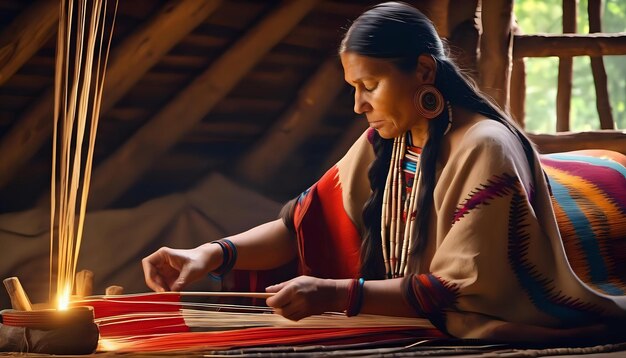 A Native American woman weaving a beautiful traditional blanket