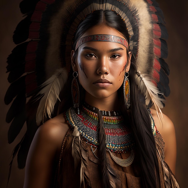 頭飾りと頭飾りを持つネイティブ アメリカンの女性が茶色の背景の前に立っています。