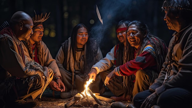 Native Americans sharing stories around a campfire