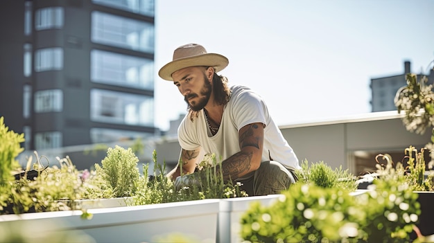 Native gardeners cultivating plants in a rooftop oasis