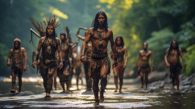 Native Indians walk along the river