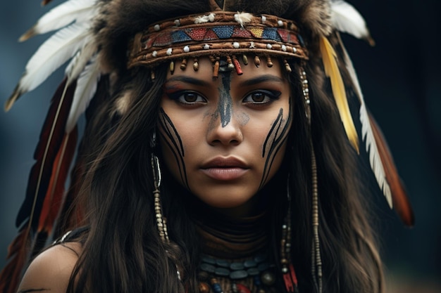 Native North American portrait of a beautiful young woman of an Indian tribe with feathers on head and a pattern on face looking at camera