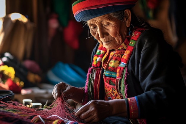 市場のスタンドで縫製をしているネイティブのラテン語の老婦人
