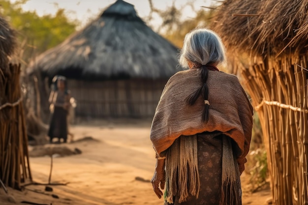 Native senior woman thatched huts Generate Ai