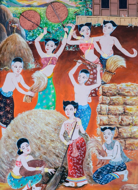 Photo native thai mural painting of rice harvest festival