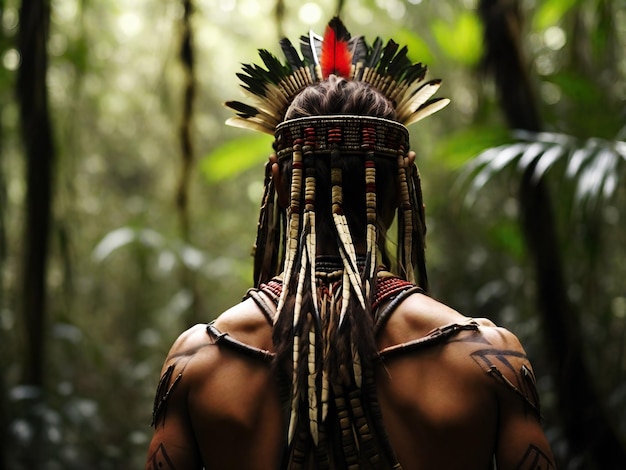 Native tribe warrior in rainforest jungle rear view generative ai illustration