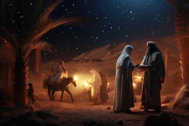 Foto natività di gesù cristo con la stella cometa e la santa famiglia nel deserto di notte