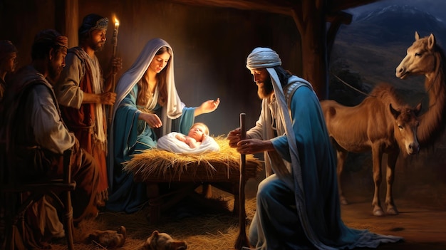 Сцена Рождества Иисуса с рождественской концепцией Святого Семейства