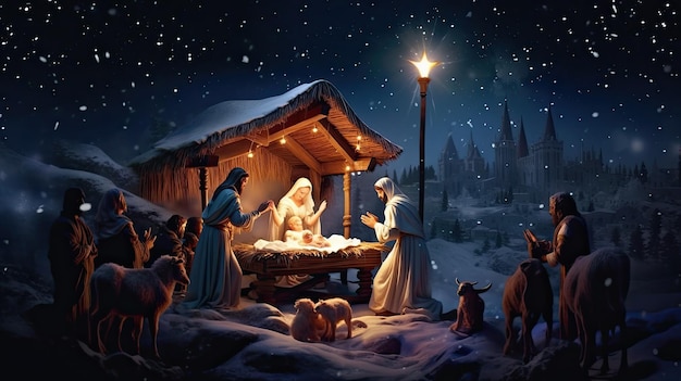 Foto presepe concetto cristiano di natale nascita di gesù cristo presepe in legno con santo bambino nel fienile nella notte blu scuro