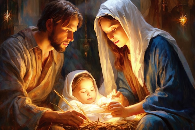 Nativity scene vertep religious concept Star of Bethlehem Birth of the Son of God Jesus Christ the Virgin Mary Joseph Christian Christmas Bible Miracle Holy Family Generative AI